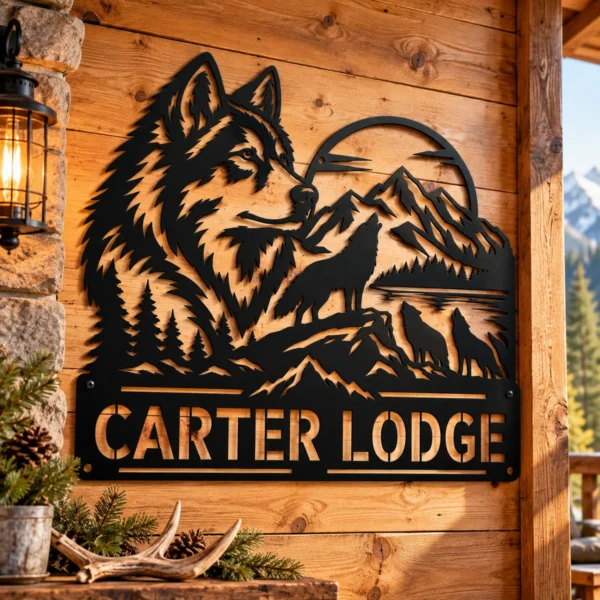 Custom Howling Wolf Metal Sign Personalized Forest Wildlife Cabin Wall Decor Custom howling wolf metal sign with personalized name, forest wildlife wall decor and rustic cabin art for nature lovers, hunters and outdoor enthusiasts.