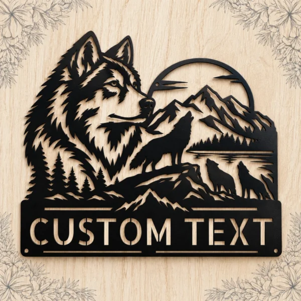 Custom Howling Wolf Metal Sign Personalized Forest Wildlife Cabin Wall Decor Custom howling wolf metal sign with personalized name, forest wildlife wall decor and rustic cabin art for nature lovers, hunters and outdoor enthusiasts.
