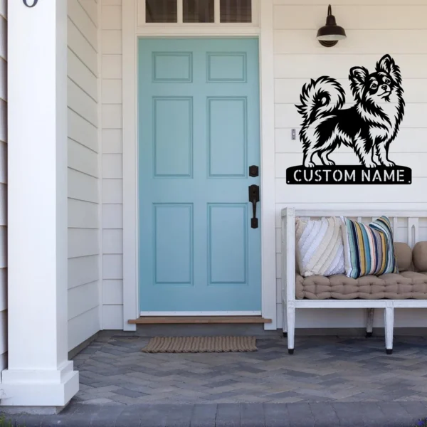 Custom Papillon Dog Metal Sign Personalized Butterfly Dog Wall Art Decor Gift Custom Papillon dog metal sign with personalized pet name and butterfly dog silhouette, unique wall art and decor gift for Papillon owners and dog lovers.