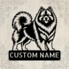 Custom Keeshond metal sign with personalized dog name and Wolfspitz silhouette, unique dog wall decor and pet gift for Keeshond owners and dog lovers.