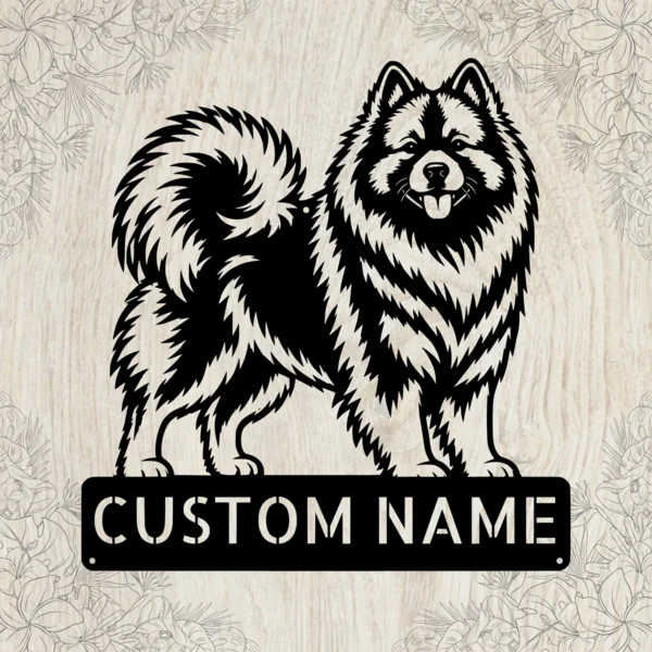 Custom Keeshond metal sign with personalized dog name and Wolfspitz silhouette, unique dog wall decor and pet gift for Keeshond owners and dog lovers.