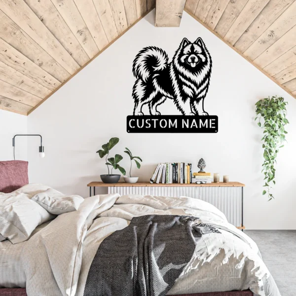 Custom Keeshond metal sign with personalized dog name and Wolfspitz silhouette, unique dog wall decor and pet gift for Keeshond owners and dog lovers.