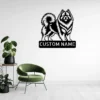 Custom Keeshond metal sign with personalized dog name and Wolfspitz silhouette, unique dog wall decor and pet gift for Keeshond owners and dog lovers.