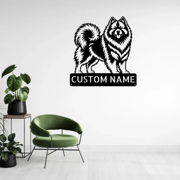 Custom Keeshond metal sign with personalized dog name and Wolfspitz silhouette, unique dog wall decor and pet gift for Keeshond owners and dog lovers.