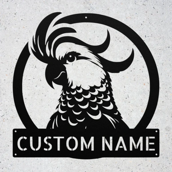 Custom cockatoo sulfur bird metal sign with personalized name, parrot wall decor, bird artwork and unique gift for cockatoo owners and bird lovers.