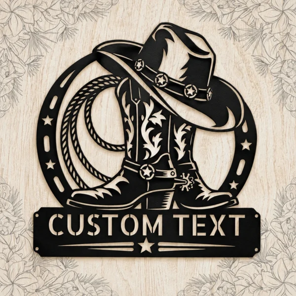 Custom cowboy boots metal sign with personalized name, Western country barn wall decor and rustic ranch art for cowboys, cowgirls and farmhouse spaces.
