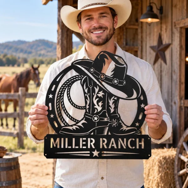 Custom Cowboy Boots Metal Sign Personalized Western Country Barn Wall Decor Custom cowboy boots metal sign with personalized name, Western country barn wall decor and rustic ranch art for cowboys, cowgirls and farmhouse spaces.