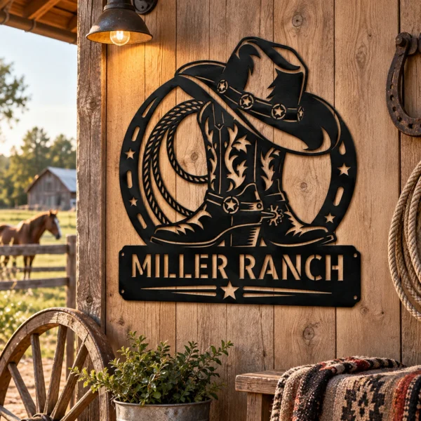 Custom Cowboy Boots Metal Sign Personalized Western Country Barn Wall Decor Custom cowboy boots metal sign with personalized name, Western country barn wall decor and rustic ranch art for cowboys, cowgirls and farmhouse spaces.