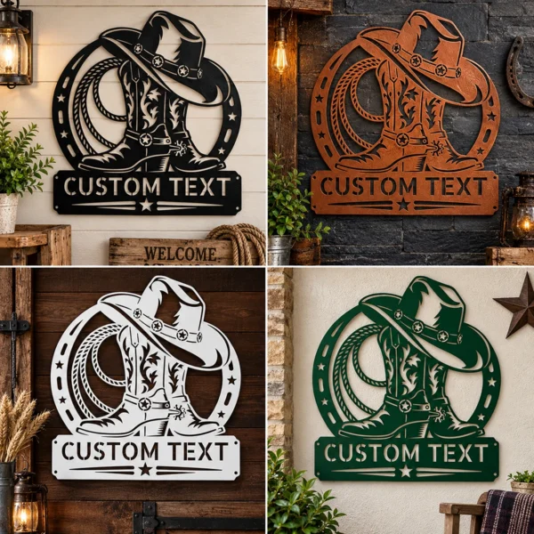 Custom Cowboy Boots Metal Sign Personalized Western Country Barn Wall Decor Custom cowboy boots metal sign with personalized name, Western country barn wall decor and rustic ranch art for cowboys, cowgirls and farmhouse spaces.