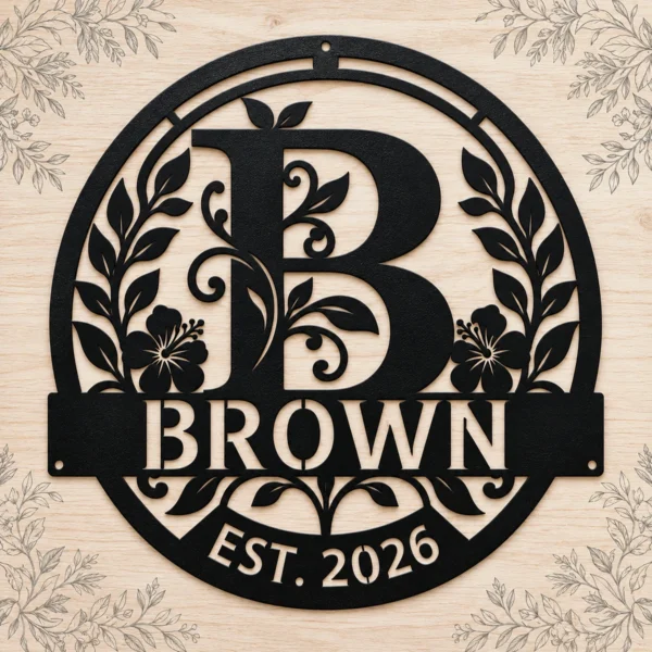 Custom family name metal art sign personalized with last name and established year, outdoor wall decor for porches, homes, weddings and housewarming gifts.