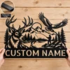 Custom Fly Fishing Metal Sign Deer Eagle Name Plaque Man Cave Cabin Wall Decor Custom fly fishing metal sign with personalized name, fisherman wall art and outdoor fishing decor for anglers, cabins, lake houses and fishing gifts.