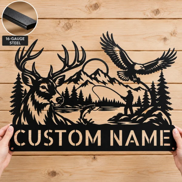 Custom Fly Fishing Metal Sign Deer Eagle Name Plaque Man Cave Cabin Wall Decor Custom fly fishing metal sign with personalized name, fisherman wall art and outdoor fishing decor for anglers, cabins, lake houses and fishing gifts.