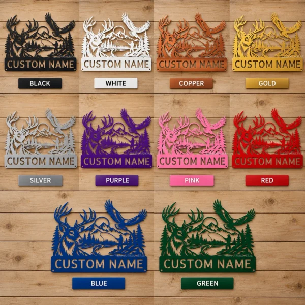 Custom Fly Fishing Metal Sign Deer Eagle Name Plaque Man Cave Cabin Wall Decor Custom fly fishing metal sign with personalized name, fisherman wall art and outdoor fishing decor for anglers, cabins, lake houses and fishing gifts.