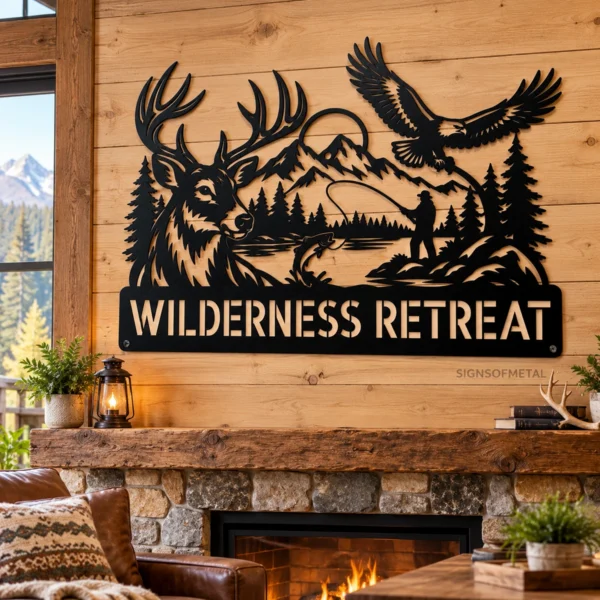 Custom Fly Fishing Metal Sign Deer Eagle Name Plaque Man Cave Cabin Wall Decor Custom fly fishing metal sign with personalized name, fisherman wall art and outdoor fishing decor for anglers, cabins, lake houses and fishing gifts.