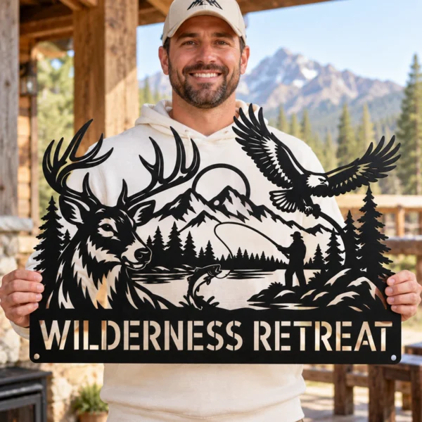Custom Fly Fishing Metal Sign Deer Eagle Name Plaque Man Cave Cabin Wall Decor Custom fly fishing metal sign with personalized name, fisherman wall art and outdoor fishing decor for anglers, cabins, lake houses and fishing gifts.