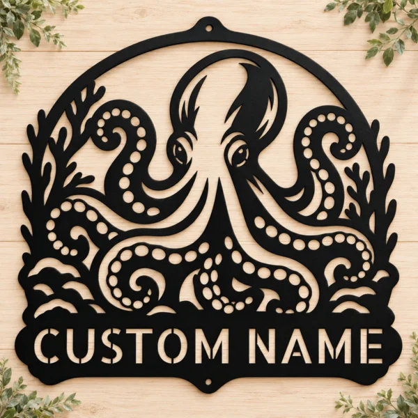 Custom Octopus Metal Sign Personalized Nautical Beach House Wall Decor Art Custom octopus metal sign with personalized name, nautical beach house wall decor and ocean art, perfect for coastal homes, boats and marine lovers.