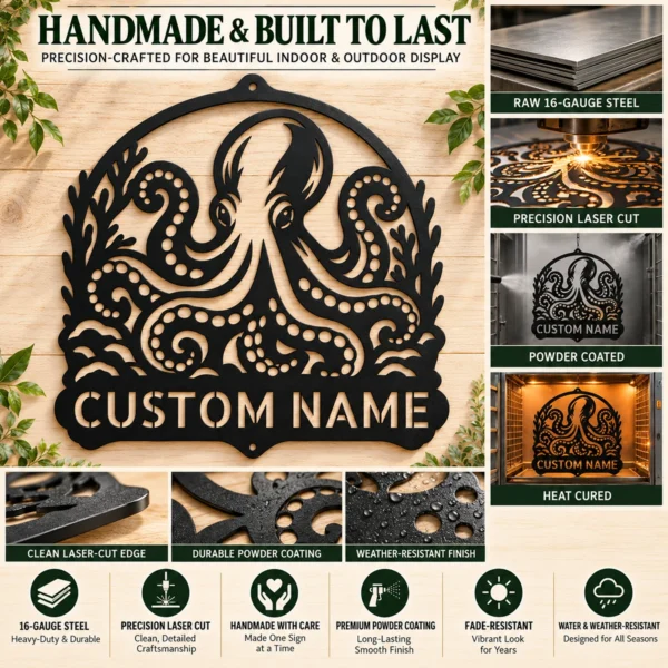 Custom Octopus Metal Sign Personalized Nautical Beach House Wall Decor Art Custom octopus metal sign with personalized name, nautical beach house wall decor and ocean art, perfect for coastal homes, boats and marine lovers.