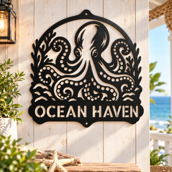 Custom Octopus Metal Sign Personalized Nautical Beach House Wall Decor Art Custom octopus metal sign with personalized name, nautical beach house wall decor and ocean art, perfect for coastal homes, boats and marine lovers.