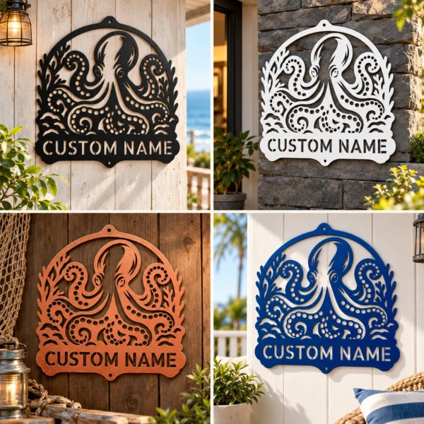 Custom Octopus Metal Sign Personalized Nautical Beach House Wall Decor Art Custom octopus metal sign with personalized name, nautical beach house wall decor and ocean art, perfect for coastal homes, boats and marine lovers.