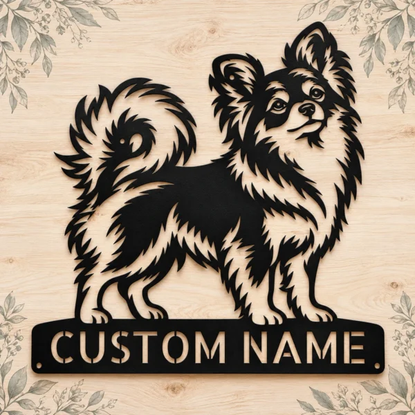 Custom Papillon Dog Metal Sign Personalized Butterfly Dog Wall Art Decor Gift Custom Papillon dog metal sign with personalized pet name and butterfly dog silhouette, unique wall art and decor gift for Papillon owners and dog lovers.