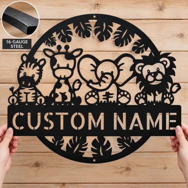 Custom Safari Animals Metal Sign Personalized Jungle Nursery Wall Art Decor Custom safari animals metal sign with personalized name, jungle nursery wall art and decor, perfect for baby rooms, children’s bedrooms, playrooms and gifts.