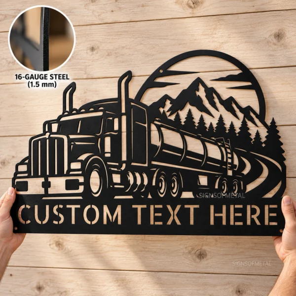 Custom Tank Truck Metal Sign Personalized Gas Trucker Garage Wall Decor Custom tank truck metal sign with personalized trucker name, gas tanker design and garage wall decor for tanker drivers, trucking companies and truck lovers.