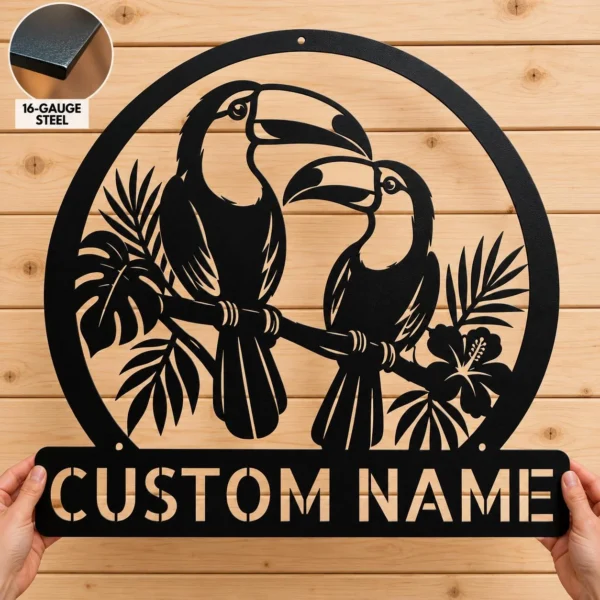Custom Toucan Birds Metal Sign Personalized Tropical Wall Decor Garden Art Custom toucan birds metal sign with personalized name, tropical bird wall decor and garden art, perfect for outdoor spaces, bird lovers and tropical décor.
