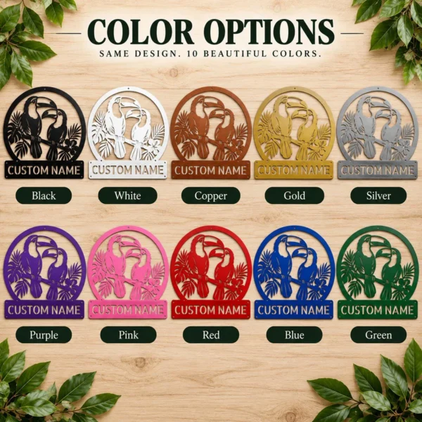 Custom Toucan Birds Metal Sign Personalized Tropical Wall Decor Garden Art Custom toucan birds metal sign with personalized name, tropical bird wall decor and garden art, perfect for outdoor spaces, bird lovers and tropical décor.