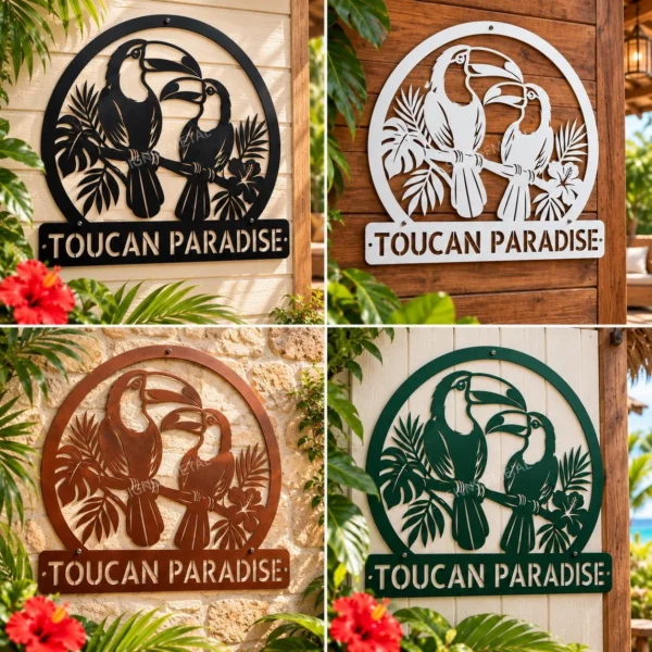Custom Toucan Birds Metal Sign Personalized Tropical Wall Decor Garden Art Custom toucan birds metal sign with personalized name, tropical bird wall decor and garden art, perfect for outdoor spaces, bird lovers and tropical décor.