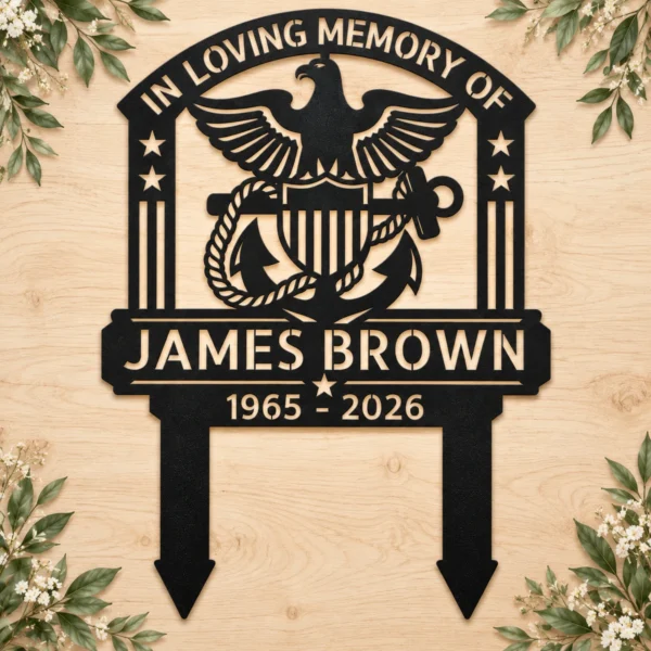 Custom US Navy metal stake sign personalized with name and service details, military garden yard decor gift for Navy veterans, sailors and families.