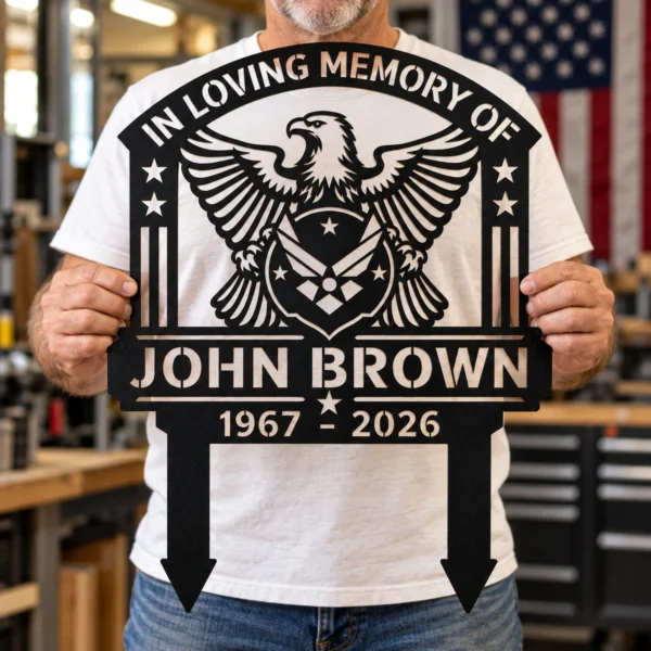 Custom Us Air Force Metal Stake Sign Personalized Military Garden Yard Decor Custom US Air Force metal stake sign personalized with name and service details, military garden yard decor for Air Force veterans, Airmen and families.