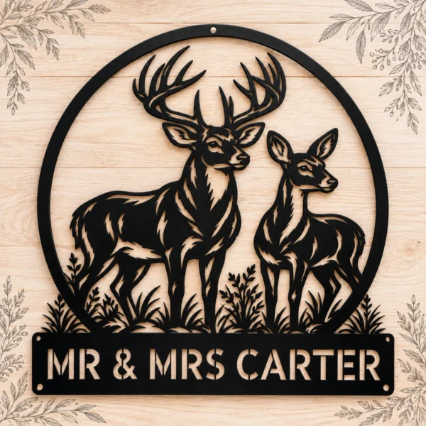 Custom Couple Deer Metal Sign Personalized Buck Doe Cabin Wall Decor Custom couple deer metal sign with personalized names or family name, buck and doe rustic cabin wall decor for couples, weddings and wildlife lovers.