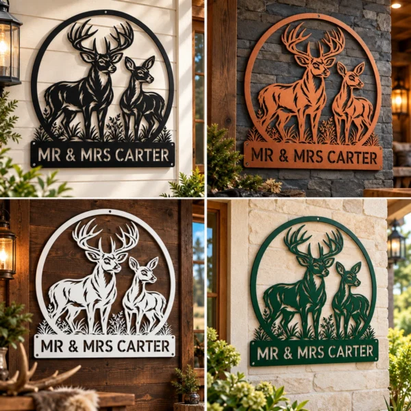 Custom Couple Deer Metal Sign Personalized Buck Doe Cabin Wall Decor Custom couple deer metal sign with personalized names or family name, buck and doe rustic cabin wall decor for couples, weddings and wildlife lovers.