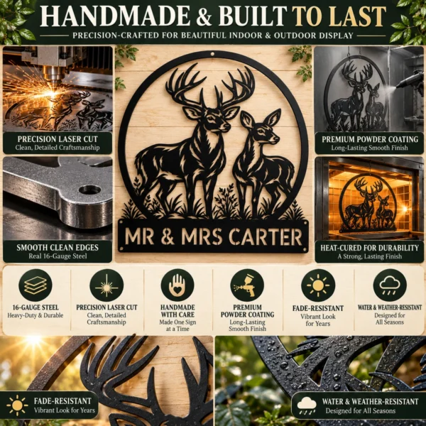 Custom Couple Deer Metal Sign Personalized Buck Doe Cabin Wall Decor Custom couple deer metal sign with personalized names or family name, buck and doe rustic cabin wall decor for couples, weddings and wildlife lovers.