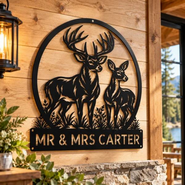 Custom Couple Deer Metal Sign Personalized Buck Doe Cabin Wall Decor Custom couple deer metal sign with personalized names or family name, buck and doe rustic cabin wall decor for couples, weddings and wildlife lovers.
