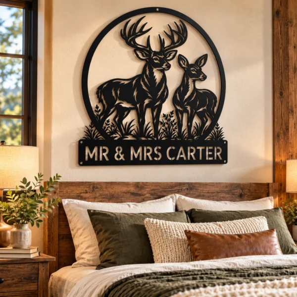 Custom Couple Deer Metal Sign Personalized Buck Doe Cabin Wall Decor Custom couple deer metal sign with personalized names or family name, buck and doe rustic cabin wall decor for couples, weddings and wildlife lovers.