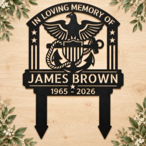 Custom US Navy metal stake sign personalized with name and service details, military garden yard decor gift for Navy veterans, sailors and families.