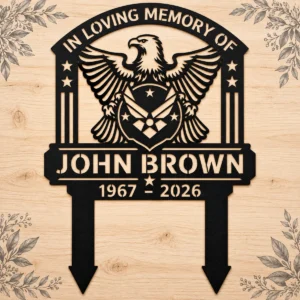 Custom US Air Force metal stake sign personalized with name and service details, military garden yard decor for Air Force veterans, Airmen and families.