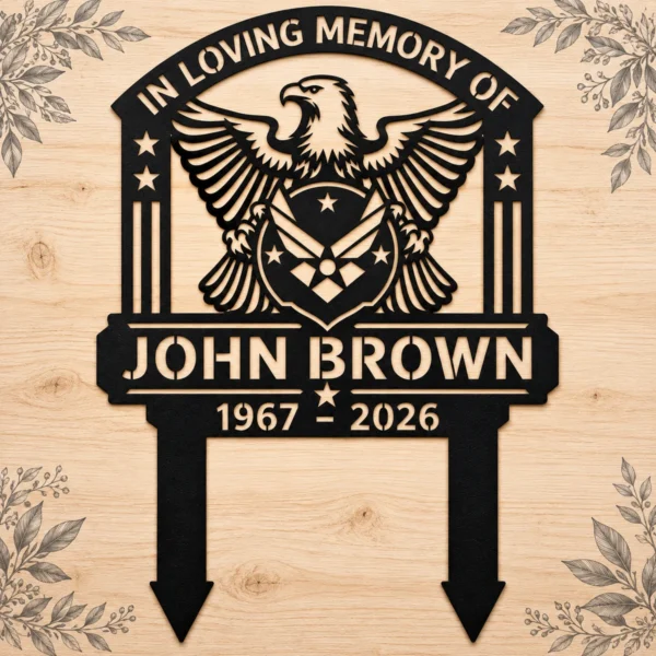 Custom Us Air Force Metal Stake Sign Personalized Military Garden Yard Decor Custom US Air Force metal stake sign personalized with name and service details, military garden yard decor for Air Force veterans, Airmen and families.