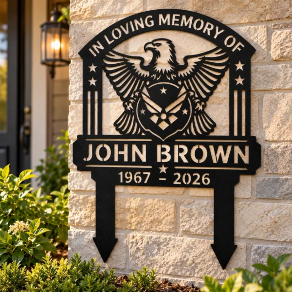 Custom Us Air Force Metal Stake Sign Personalized Military Garden Yard Decor Custom US Air Force metal stake sign personalized with name and service details, military garden yard decor for Air Force veterans, Airmen and families.
