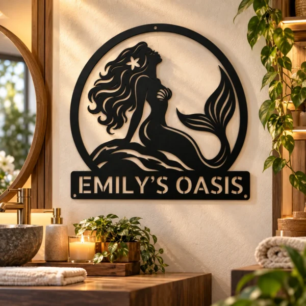 Custom Mermaid Metal Sign Personalized Beach House Nautical Wall Decor Gift Custom mermaid metal sign with personalized name, nautical beach house wall decor and coastal ocean art gift for mermaid lovers and seaside homes.