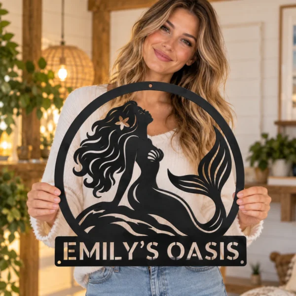 Custom Mermaid Metal Sign Personalized Beach House Nautical Wall Decor Gift Custom mermaid metal sign with personalized name, nautical beach house wall decor and coastal ocean art gift for mermaid lovers and seaside homes.