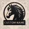 Custom horse head metal sign with personalized horse or stable name, equestrian wall decor for horse lovers, riders, barns, ranches and tack rooms.