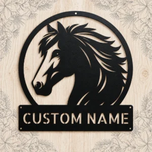 Custom horse head metal sign with personalized horse or stable name, equestrian wall decor for horse lovers, riders, barns, ranches and tack rooms.
