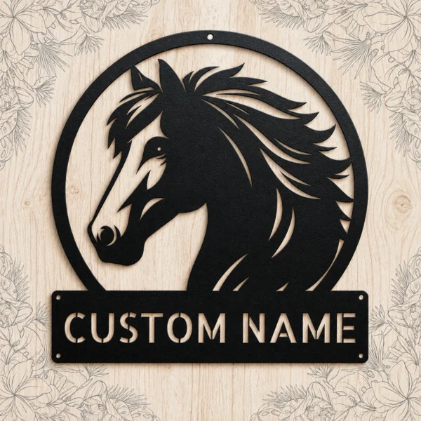 Custom horse head metal sign with personalized horse or stable name, equestrian wall decor for horse lovers, riders, barns, ranches and tack rooms.