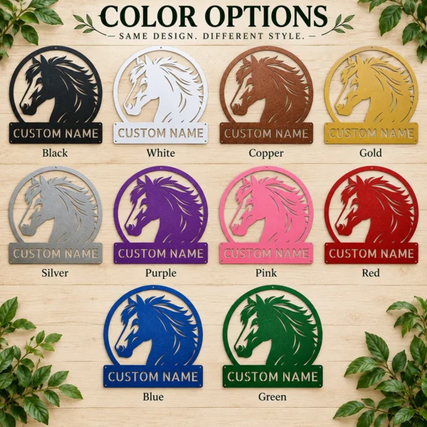 Custom horse head metal sign with personalized horse or stable name, equestrian wall decor for horse lovers, riders, barns, ranches and tack rooms.
