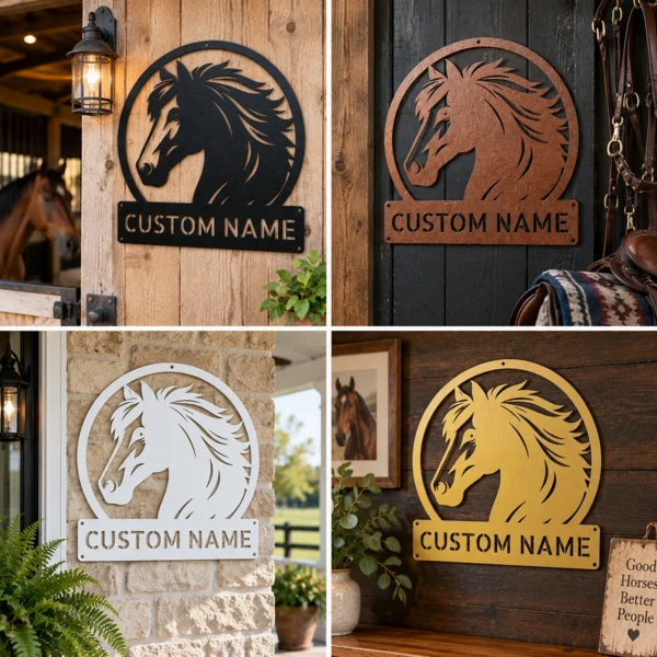 Custom horse head metal sign with personalized horse or stable name, equestrian wall decor for horse lovers, riders, barns, ranches and tack rooms.