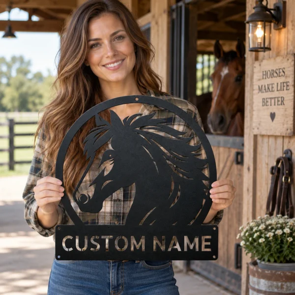 Custom horse head metal sign with personalized horse or stable name, equestrian wall decor for horse lovers, riders, barns, ranches and tack rooms.
