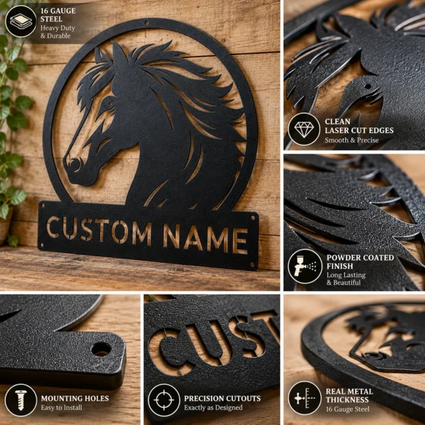 Custom horse head metal sign with personalized horse or stable name, equestrian wall decor for horse lovers, riders, barns, ranches and tack rooms.