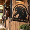 Custom horse head metal sign with personalized horse or stable name, equestrian wall decor for horse lovers, riders, barns, ranches and tack rooms.